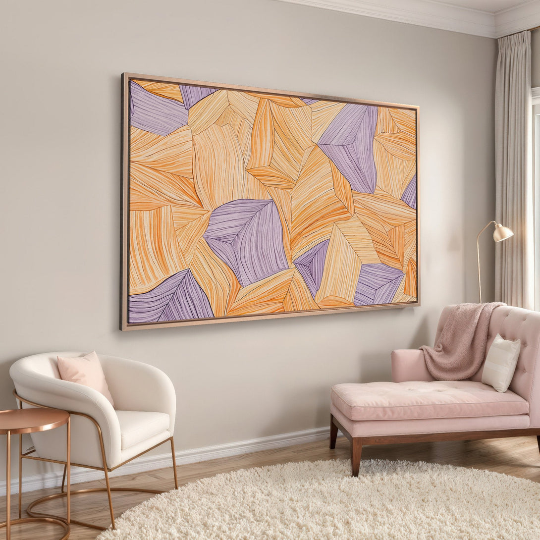 Framed Wall Art featuring an abstract geometric design in warm orange and purple tones, perfect for modern interior decor.