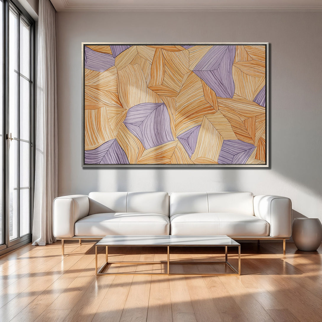 Framed Wall Art featuring an abstract geometric design in warm orange and lavender tones. Modern art perfect for living room decor.