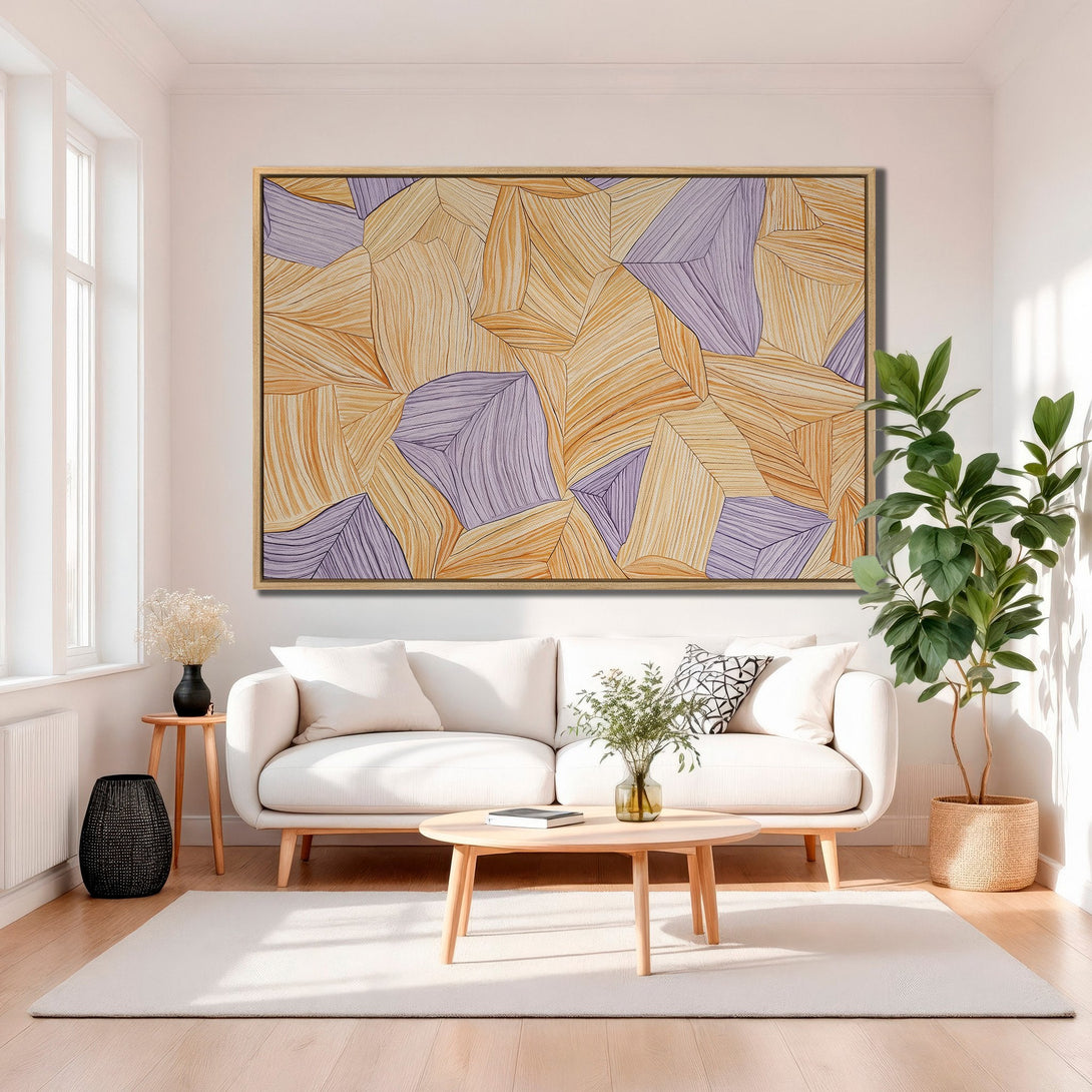 Framed Wall Art: Abstract geometric design in warm yellow and purple tones. Modern art canvas print adds a stylish touch to any living room.