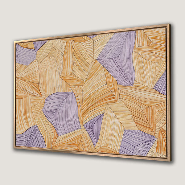 Framed Wall Art featuring an abstract geometric design in warm yellow, orange, and purple hues. Perfect for modern home decor.
