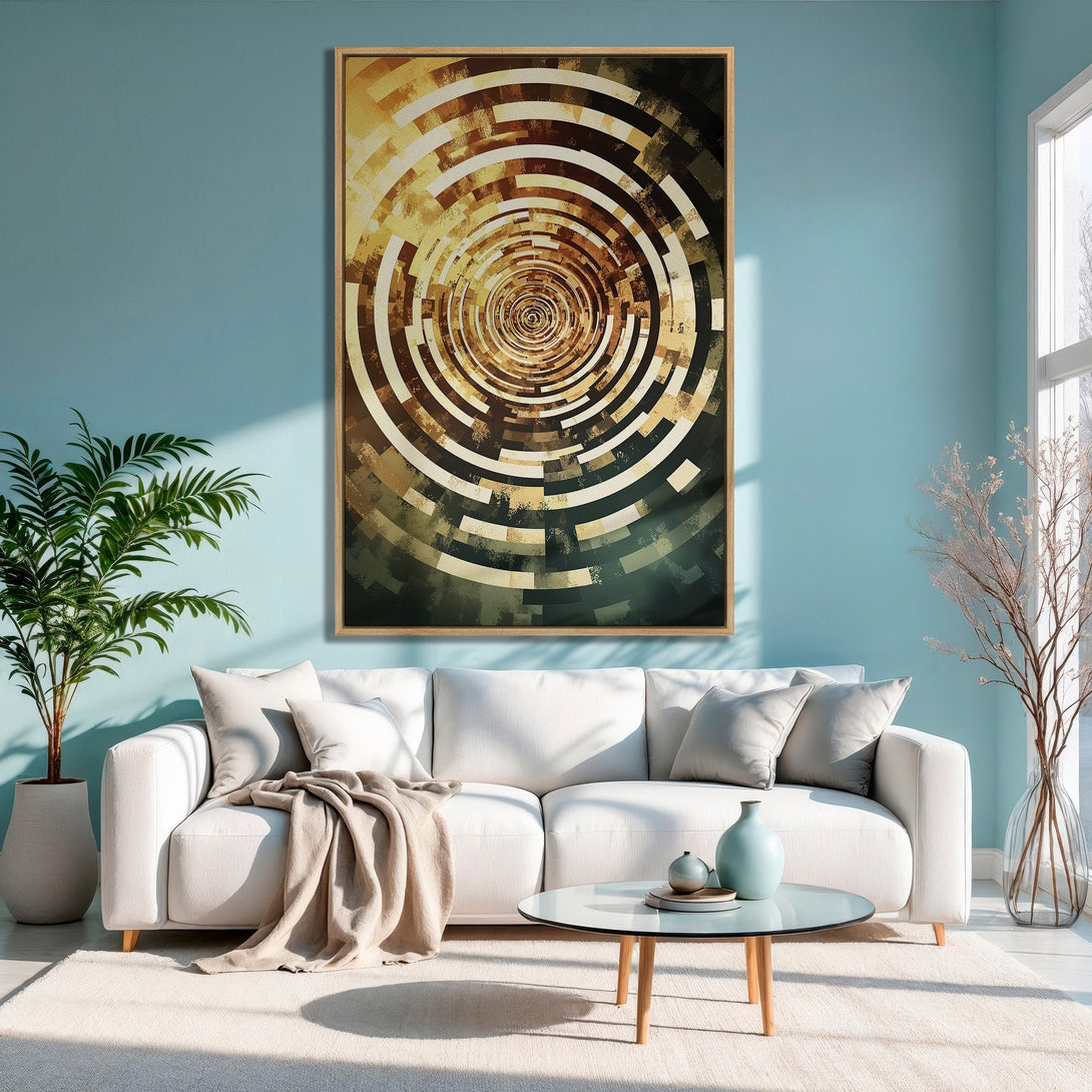 Framed Wall Art: Abstract spiral design in warm earth tones. Modern art canvas print adds a touch of sophistication to any living room.