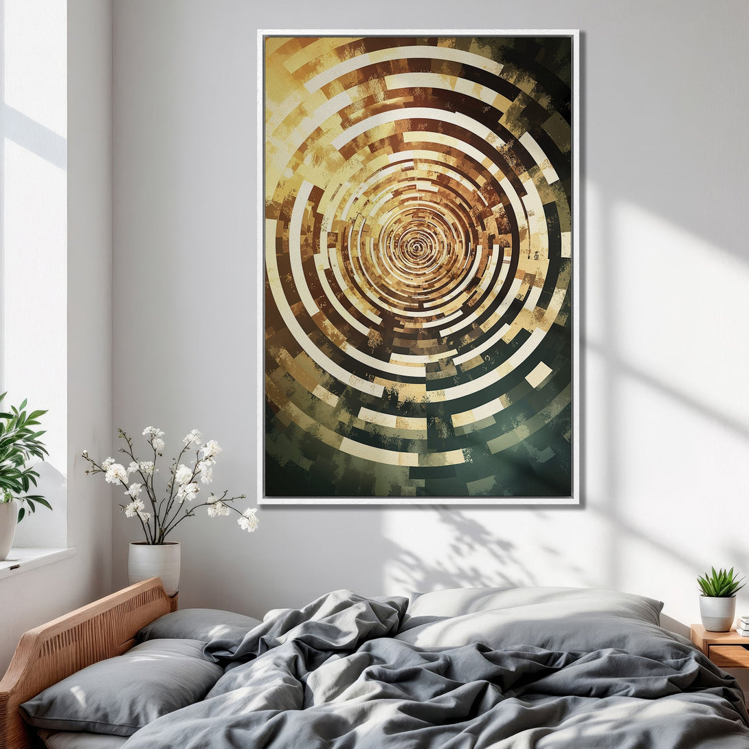 Framed Wall Art featuring an abstract spiral design in warm earth tones. Perfect bedroom decor!