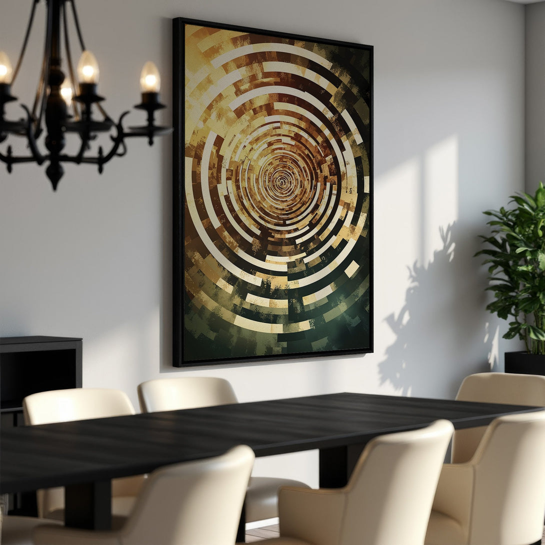 Framed Wall Art featuring an abstract spiral design in earthy gold and green tones. Modern art for dining room decor.