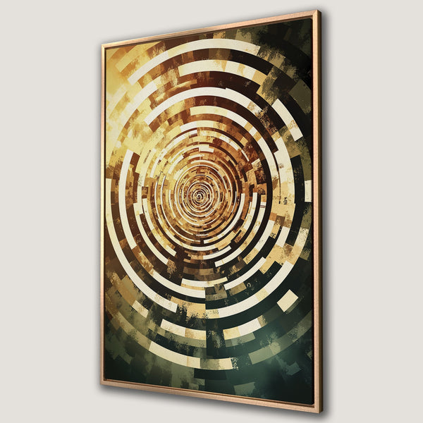 Framed Wall Art featuring a geometric spiral design. Earth-toned palette of gold, brown, and green creates a modern abstract aesthetic. Perfect for any interior!