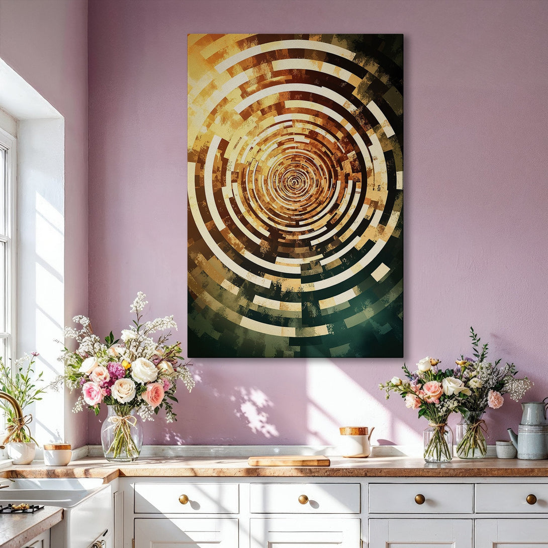 Framed Wall Art featuring an abstract, geometric spiral design in warm gold, brown, and green tones, adding modern style to a living room.