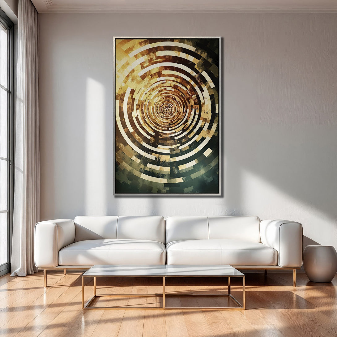 Framed Wall Art: Abstract spiral design in warm gold and brown tones. Modern art Canvas Print adds style to any living room.
