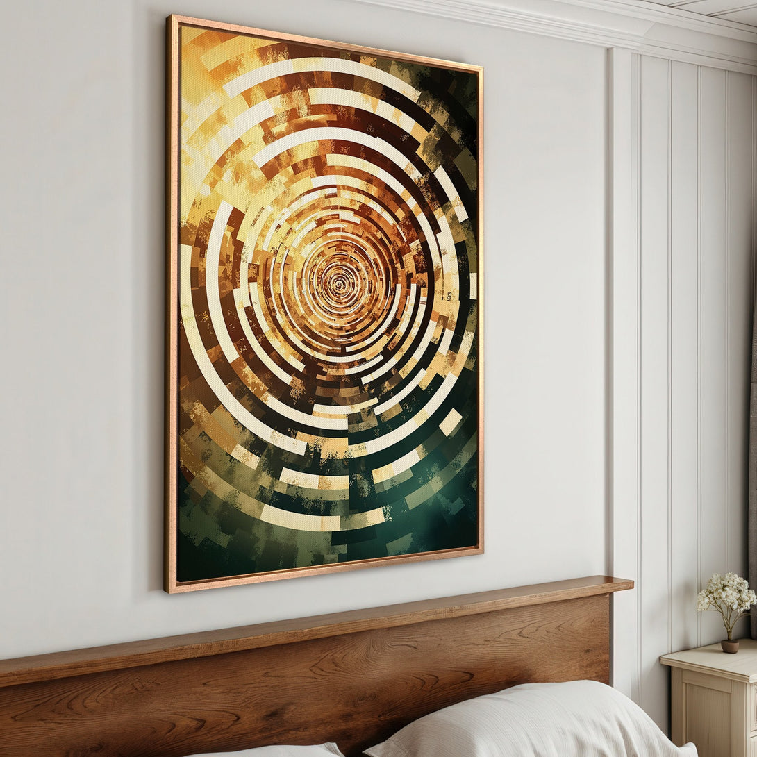 Framed Wall Art: Abstract spiral design in warm gold, brown, and green tones. Modern art for your home. Enhance your space with this stunning canvas print.