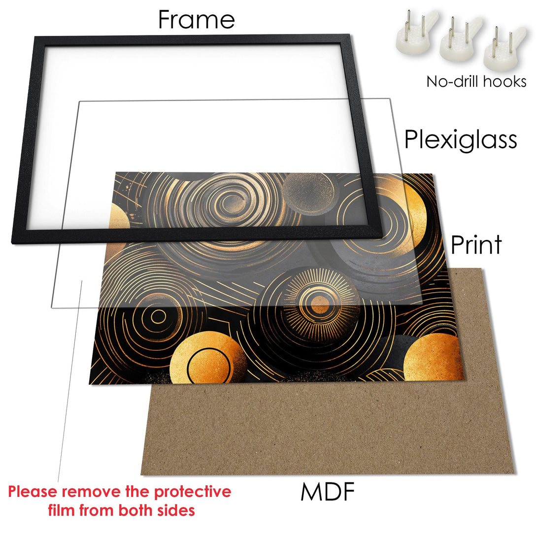 Framed Poster featuring a modern, abstract design with gold and black hues. Elevate your space with this stylish art print!