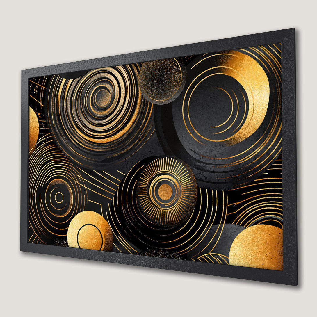 Framed Poster featuring abstract gold and black geometric art. Modern style with a luxurious color palette. Perfect wall decor.