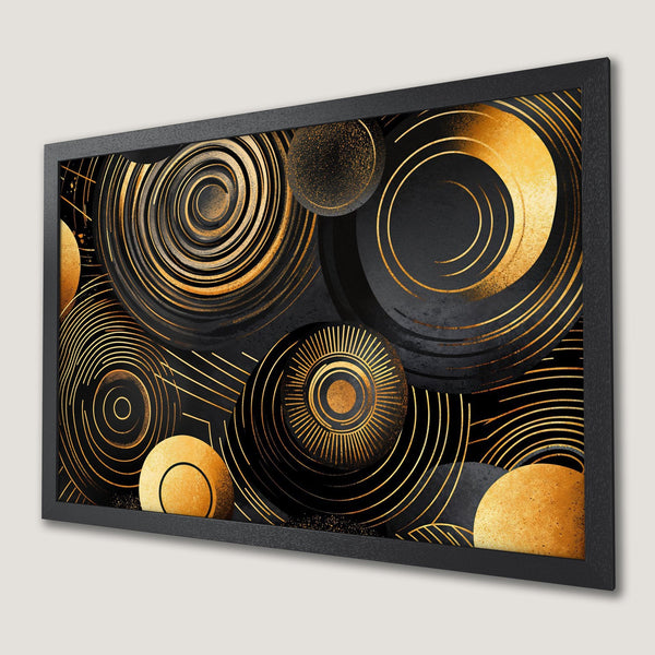Framed Poster featuring abstract gold and black geometric art. Modern style with a luxurious color palette. Perfect wall decor.