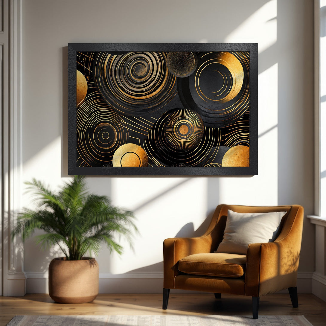 Framed Poster featuring abstract gold and black geometric art. Modern, minimalist style with a warm color palette. Perfect wall decor.