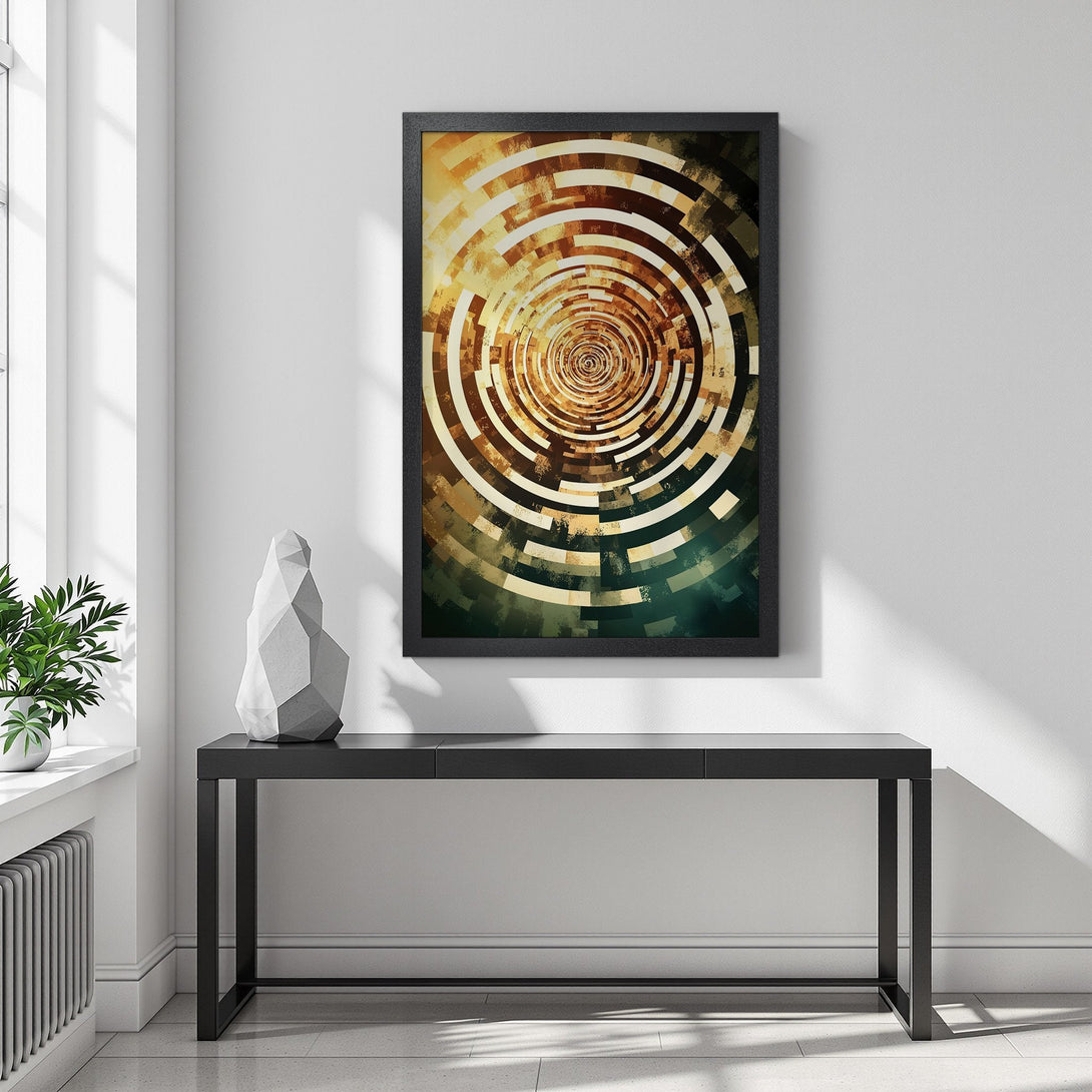 Framed Poster featuring abstract spiral art in warm earth tones. Modern wall decor for any space.