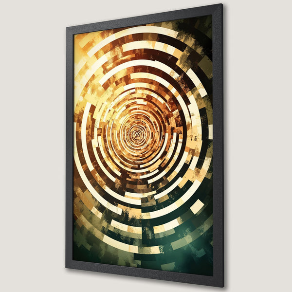 Framed Poster featuring abstract spiral art in warm gold, brown, and green tones. Modern decor for any space.