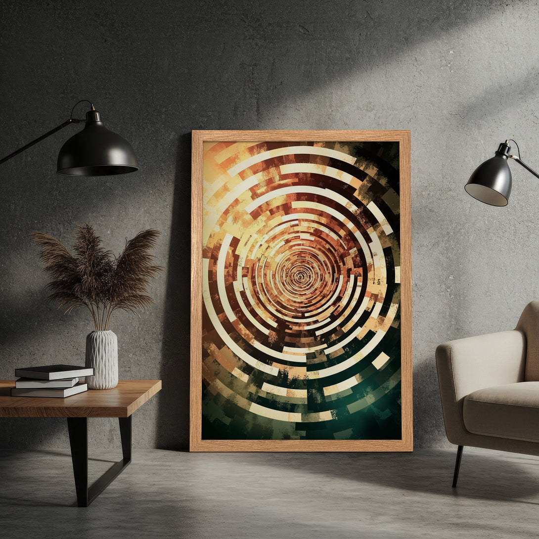 Framed Poster featuring a modern abstract design in warm earth tones. Enhance your space with this stylish art print.