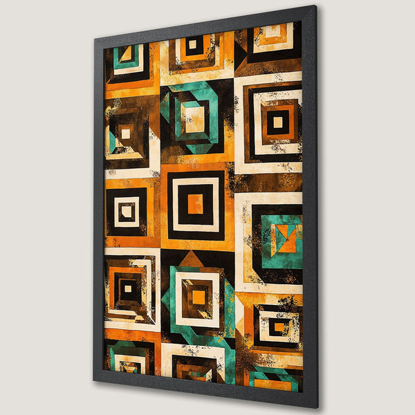 Framed Poster featuring an abstract geometric design in a warm color palette of orange, teal, and brown. Modern art for your space!