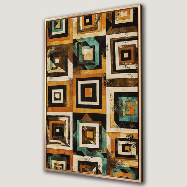 Framed Wall Art: Abstract geometric canvas print in warm earth tones with teal accents. Modern art for your home decor.