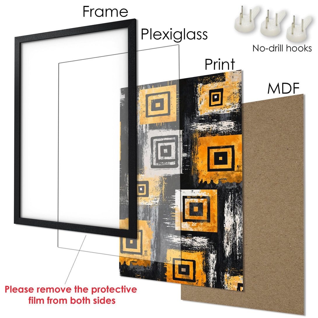 Framed Poster with abstract geometric art in black, yellow, and gray. Modern wall decor for your home or office.