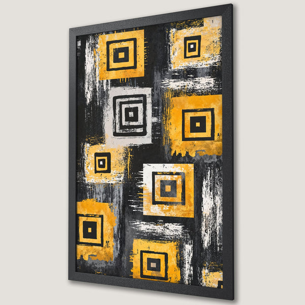 Framed Poster featuring abstract geometric art in yellow, black, and gray. Modern wall art for home decor.