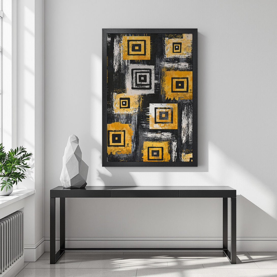 Framed Poster with abstract geometric art in yellow, black, and white. Modern wall decor for your home.