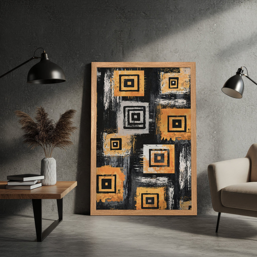 Framed Poster featuring abstract geometric art in black, orange, and white. Modern art print for home decor.