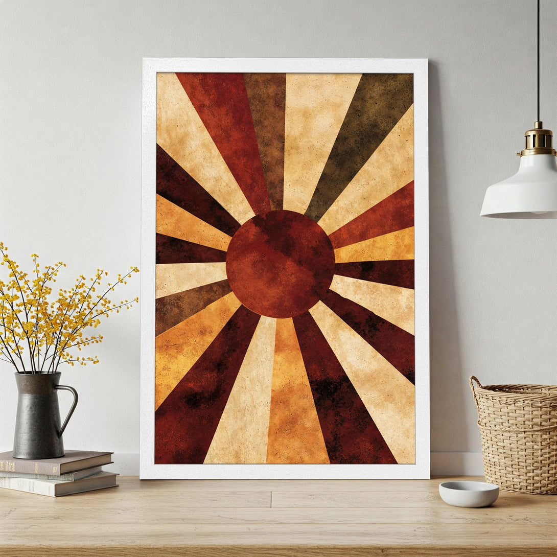 Framed Poster featuring a retro sunburst design in warm earth tones. Perfect wall art for a stylish, vintage-inspired home.