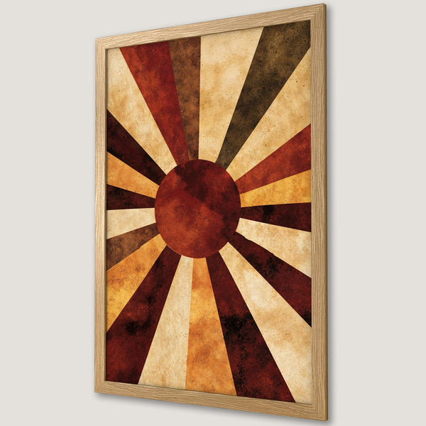 Framed Poster featuring a retro sunburst design in warm red, brown, and beige tones. Perfect wall art!