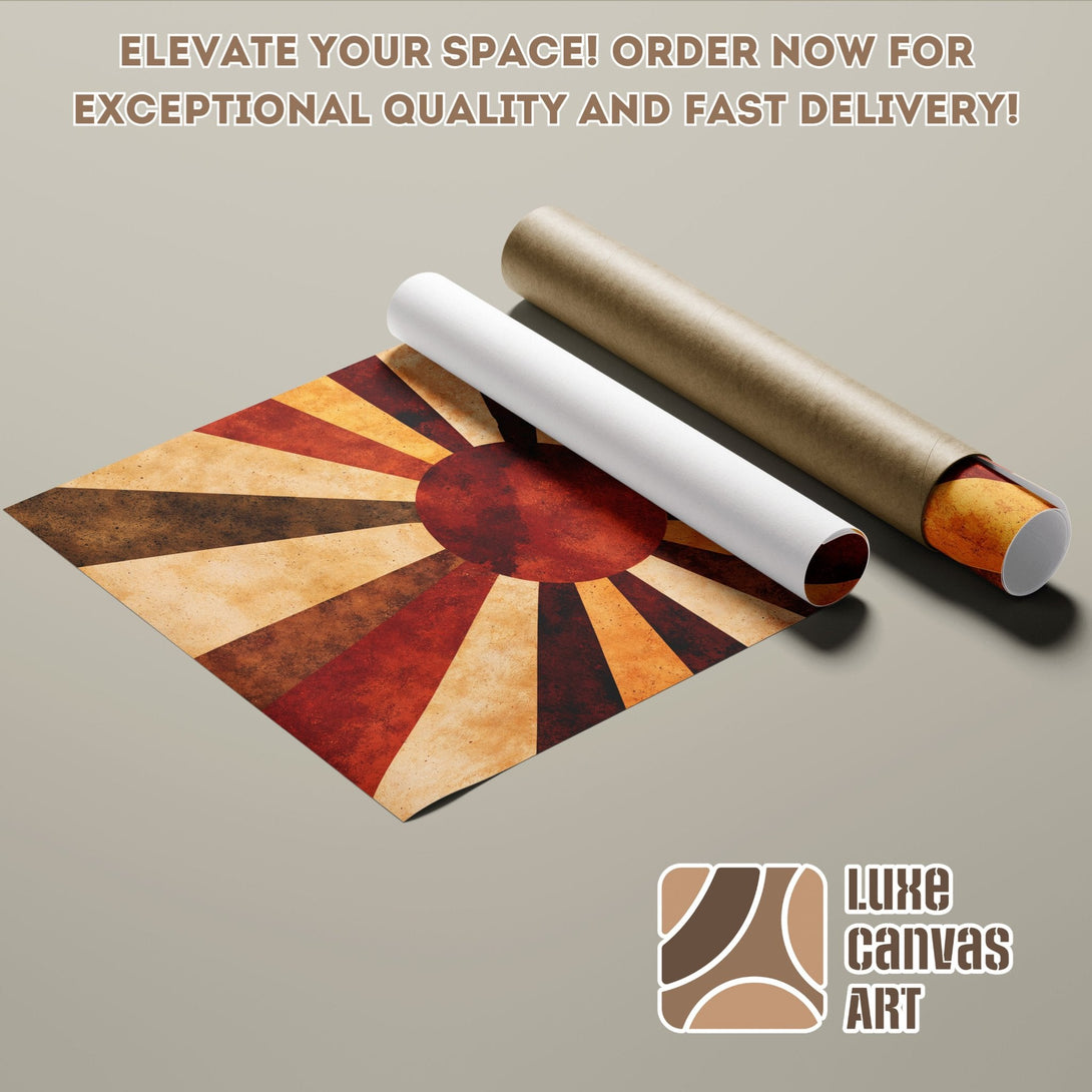 Poster Roll featuring a retro sunburst design in warm, earthy tones. Elevate your space with this stylish art!