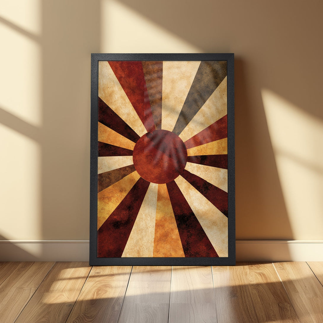 Framed Poster featuring a retro sunburst design in warm red, brown, and beige tones. Perfect wall art for a vintage touch.