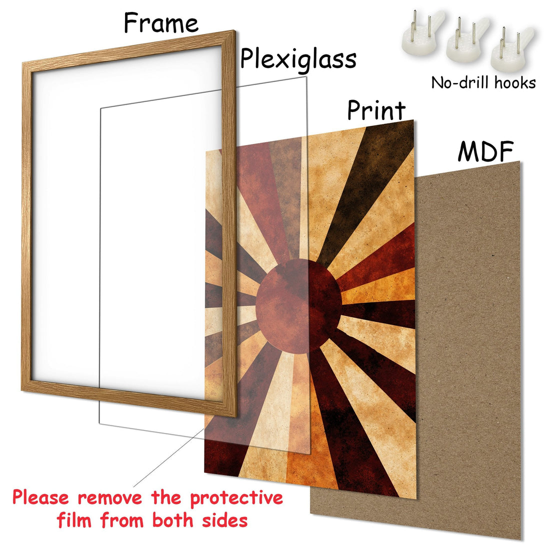 Framed Poster with vintage sunburst design in warm brown and beige tones. Ready to hang art.