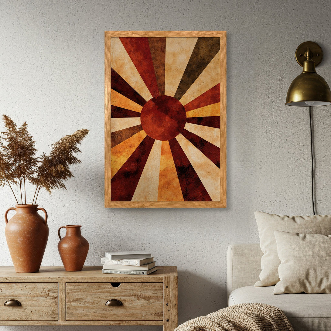 Framed Poster featuring a retro sunburst design in warm, earthy tones. Perfect wall art for a stylish home.