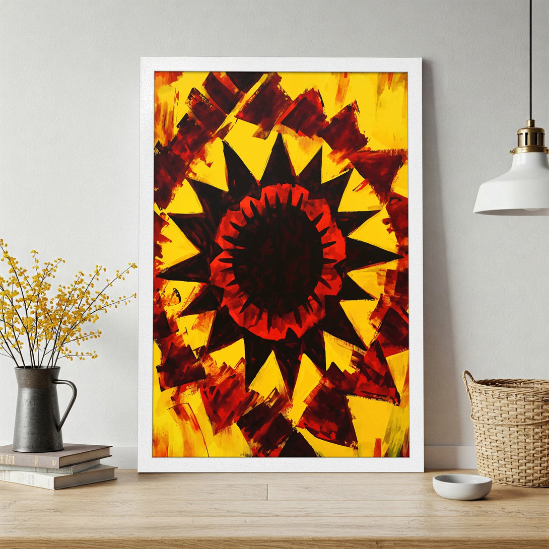 Framed Poster featuring abstract art with a bold yellow, red, and black color palette. Modern art style for home decor.