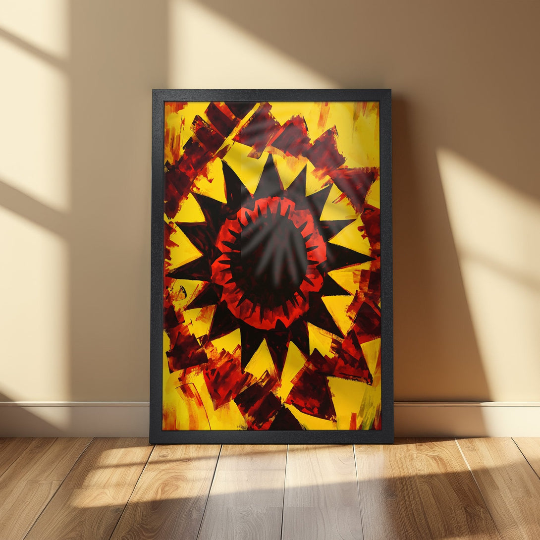 Framed Poster: Abstract art print with bold red, yellow, and black color palette. Modern art style, perfect for home decor. Shop this unique poster now!