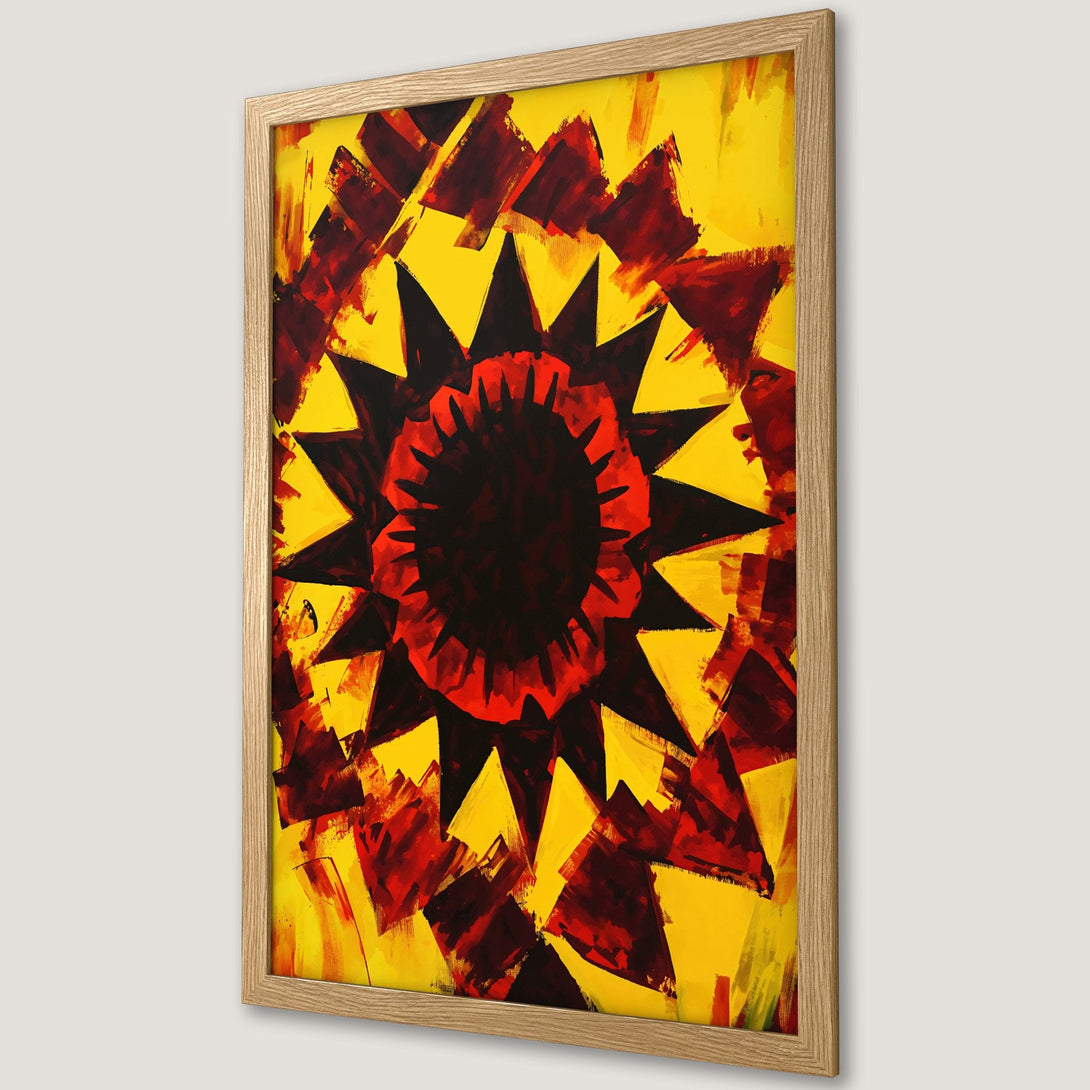 Framed Poster featuring a bold abstract sunburst design in red, black, and yellow. Modern art print for your home.