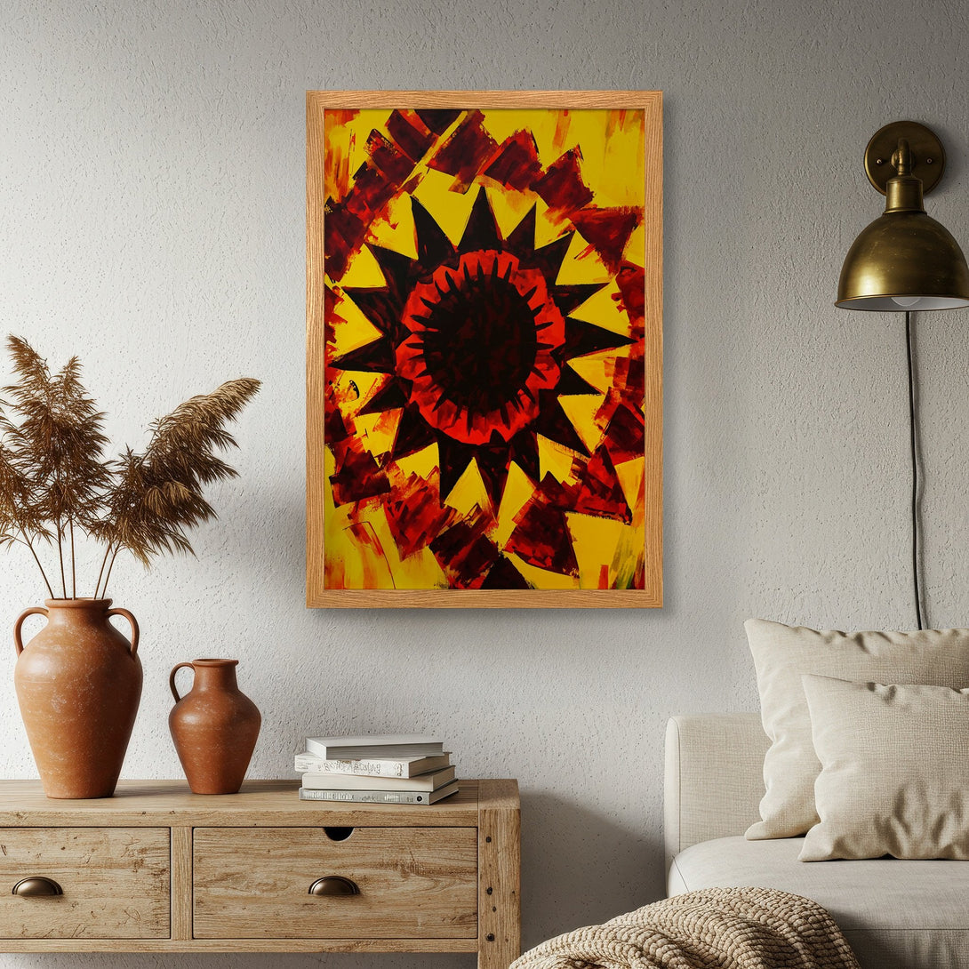 Framed Poster featuring abstract art with a bold red, black, and yellow color palette. Modern style, perfect for home decor.