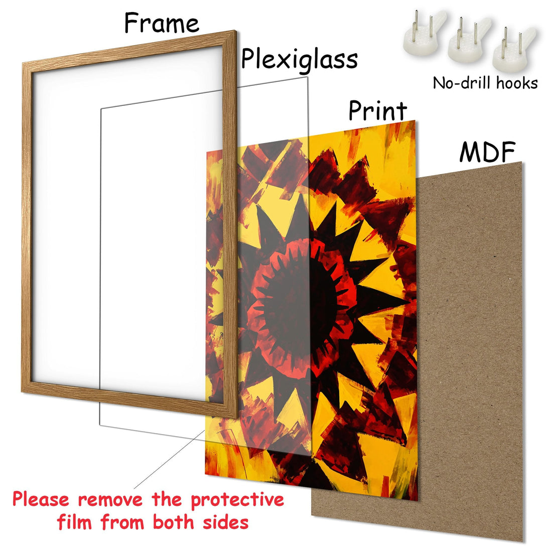 Framed Poster featuring abstract art in a warm yellow and red palette. Ready to hang and brighten your space!