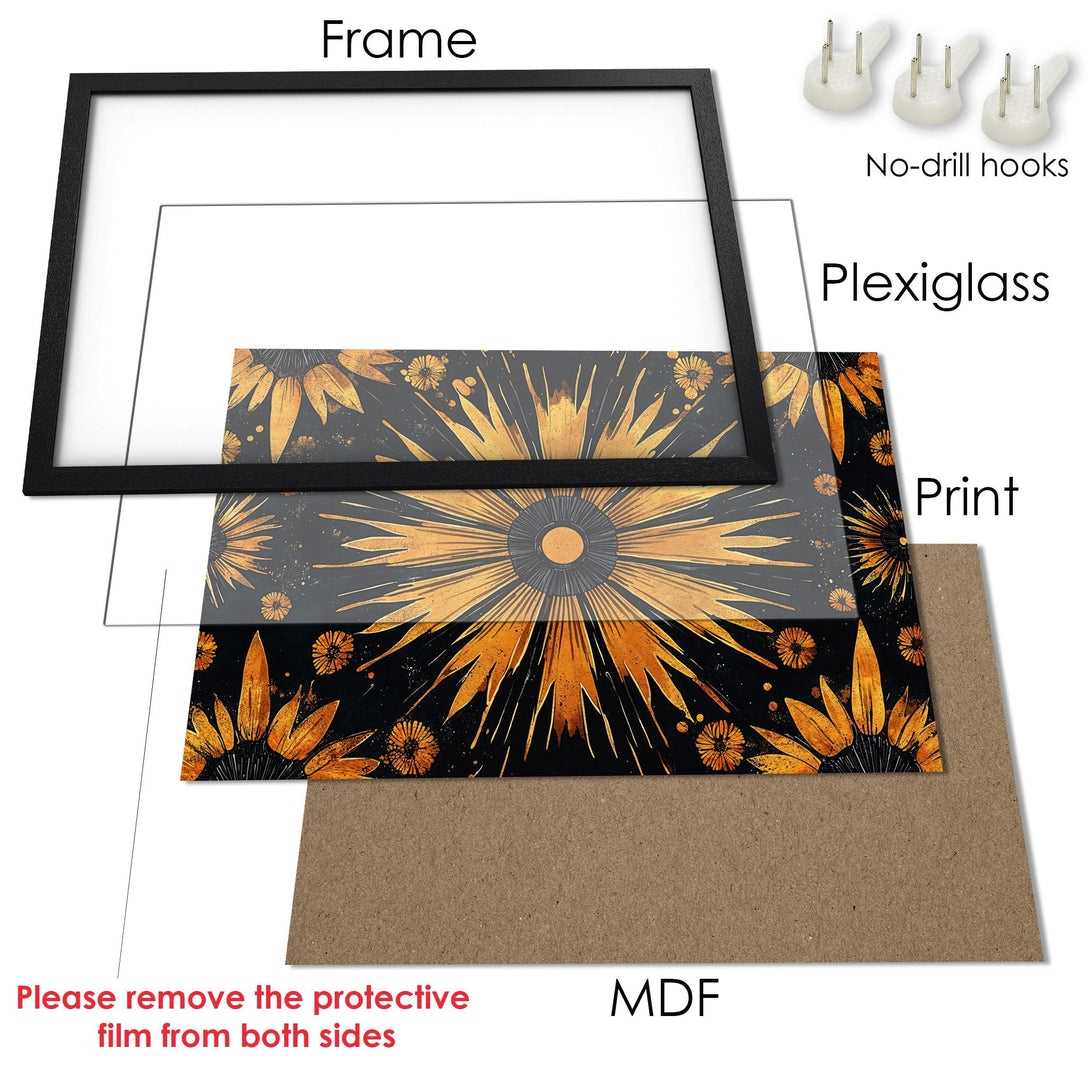 Framed Poster with a floral design in gold and black. Modern art print ready to hang.