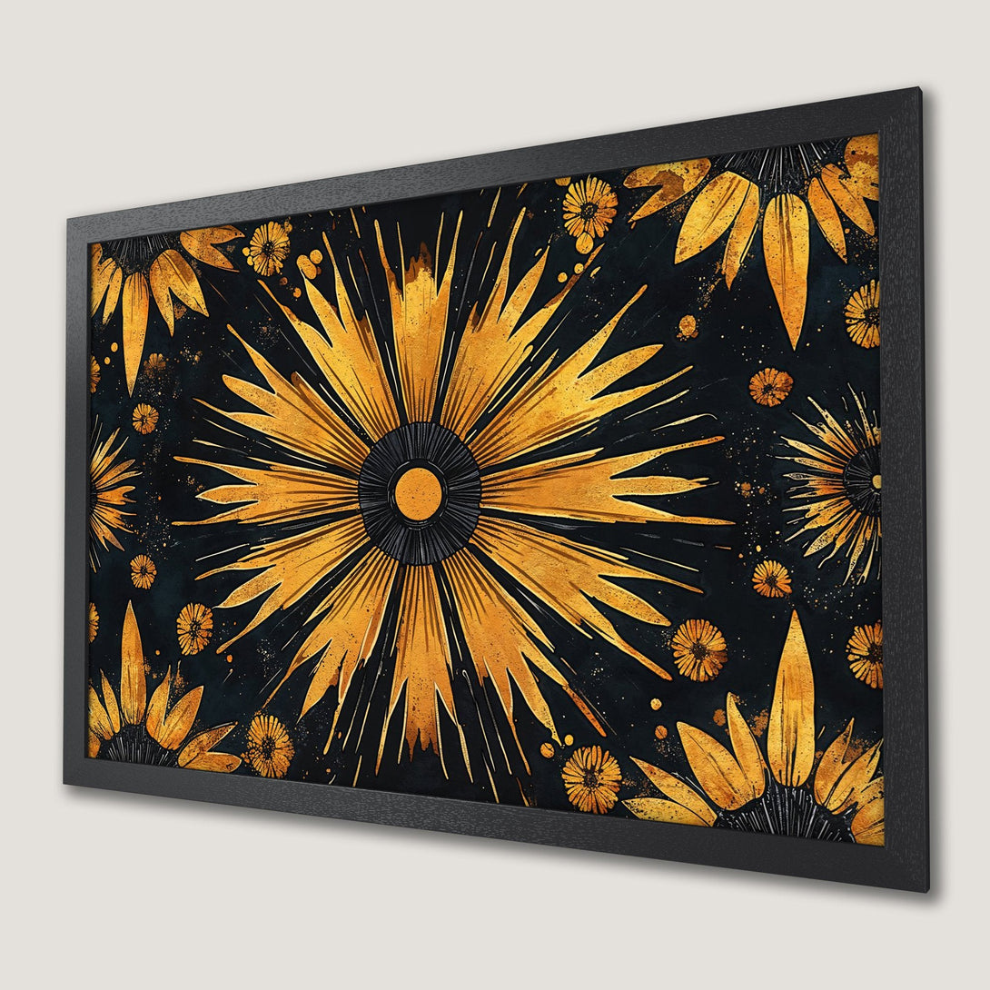 Framed Poster featuring a golden floral design on a black background. Modern art print with a striking gold and black color palette.