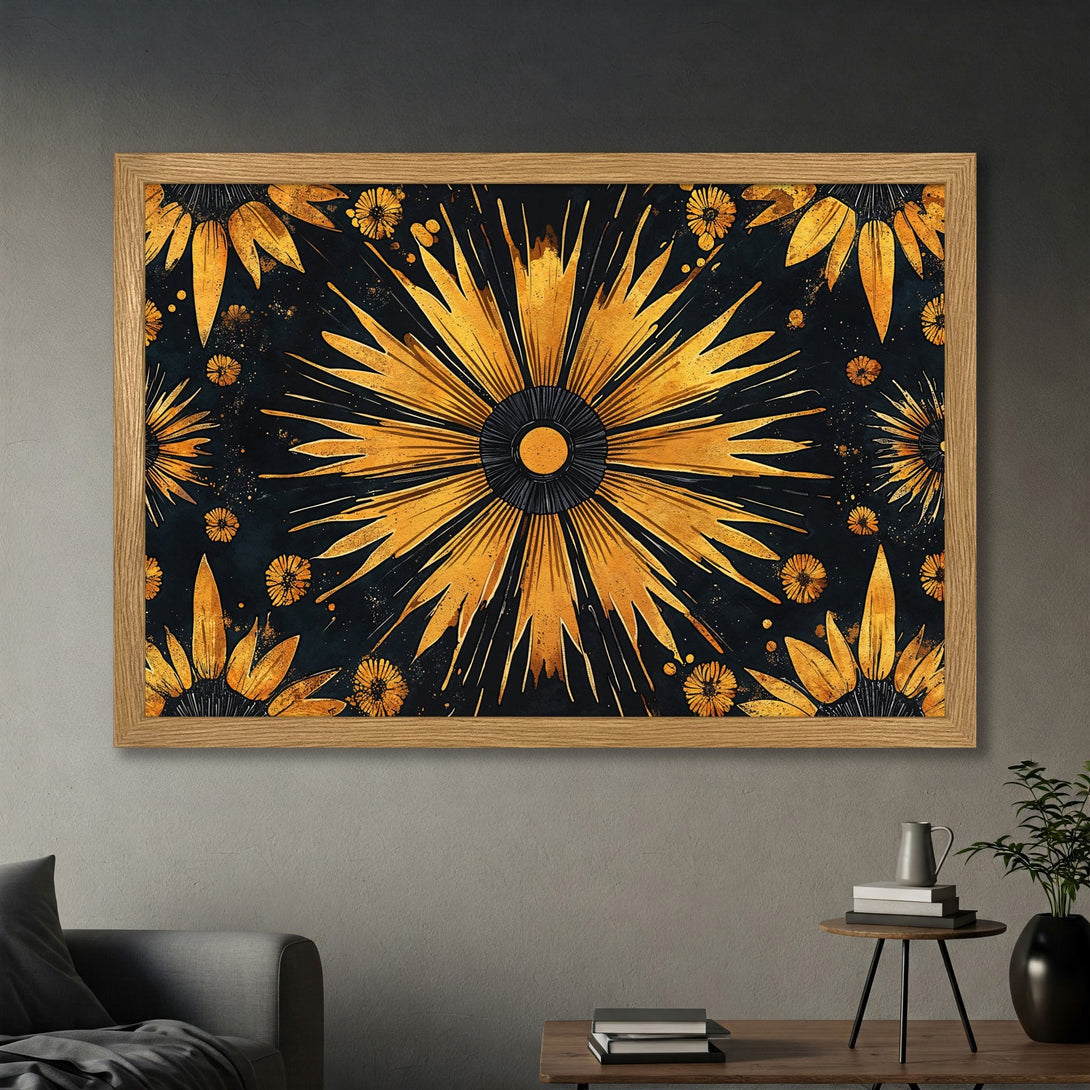 Framed Poster featuring a golden floral design on a dark background. Modern art style with a warm, rich color palette.