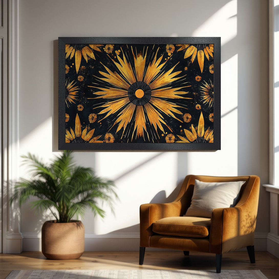 Framed Poster featuring a gold and black floral design. Modern art print with a warm, inviting color palette. Perfect wall decor.