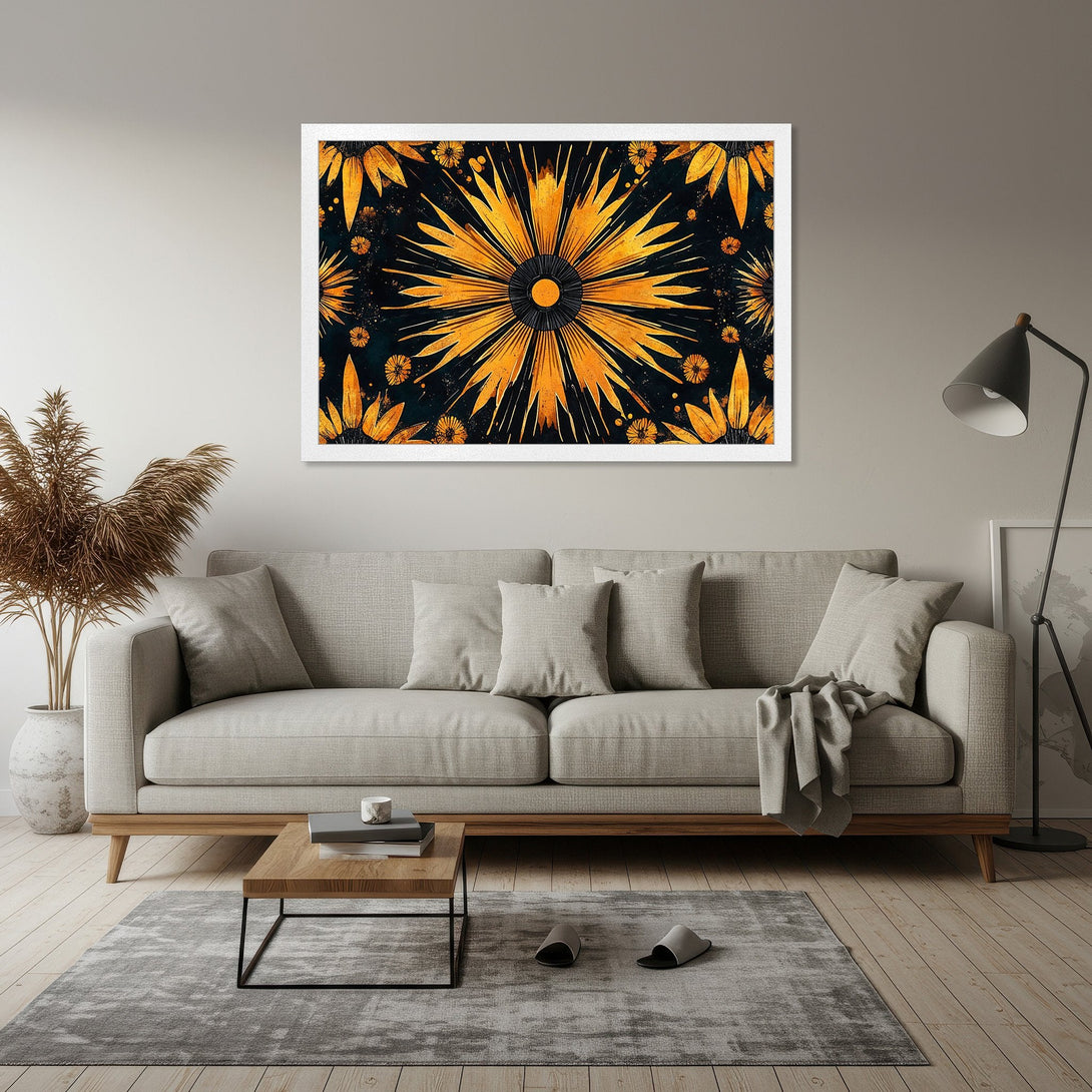 Framed Poster featuring a golden floral design on a dark background. Modern art print in a white frame, perfect for home decor.
