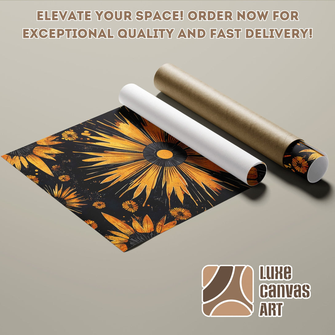 Abstract floral Poster Roll art in black, gold, and orange color palette. Order now!