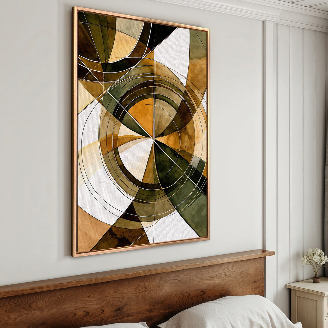 Framed Wall Art: Abstract geometric design in earth tones (greens, browns, gold). Modern Canvas Print adds a stylish touch to any interior.