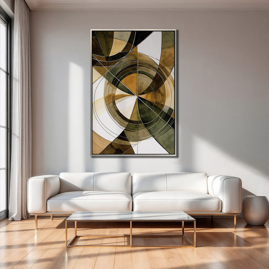 Framed Wall Art featuring an abstract geometric design in earthy tones. Modern art for your living room.