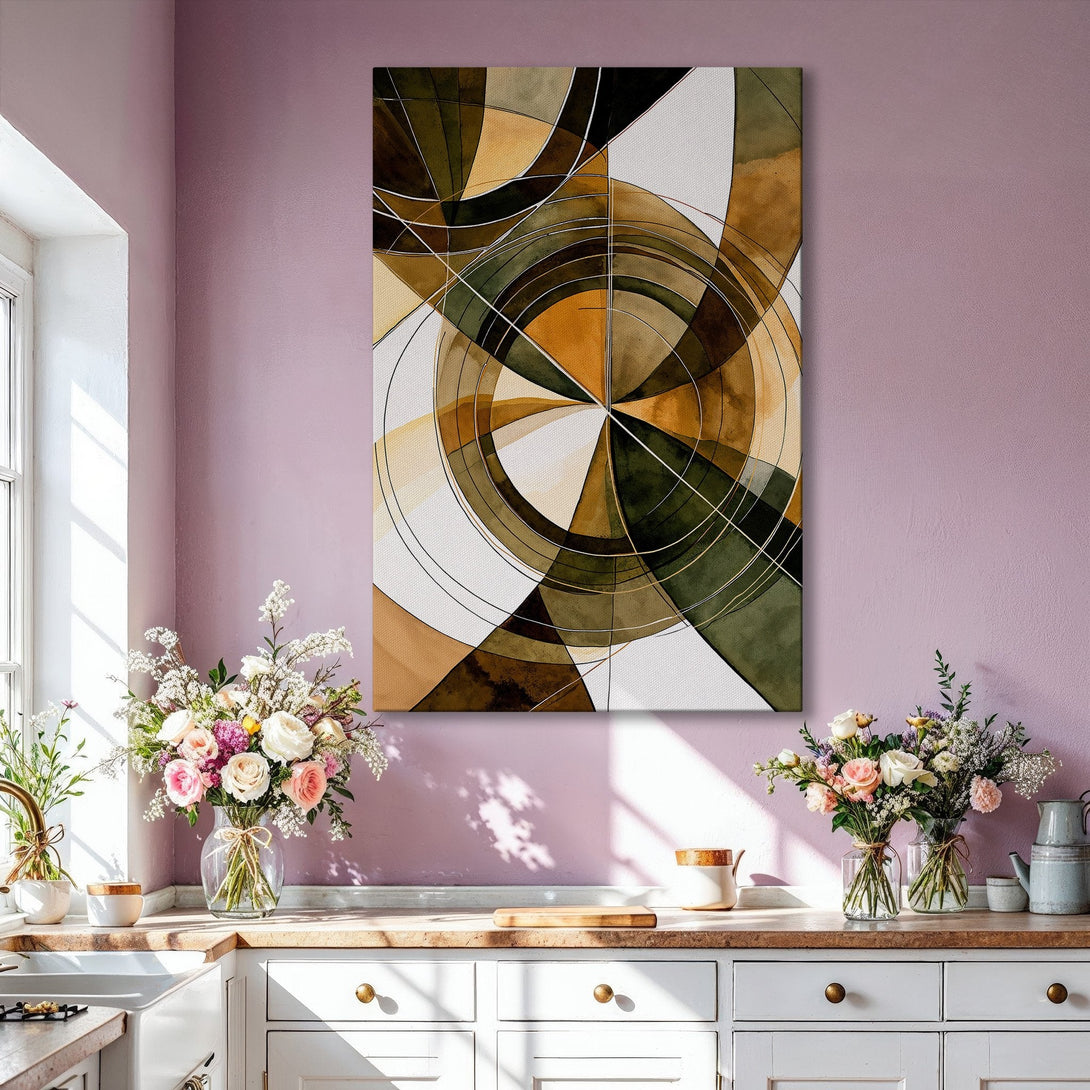 Framed Wall Art: Abstract geometric art in warm earth tones. Modern canvas print adds a stylish focal point to any living room decor.