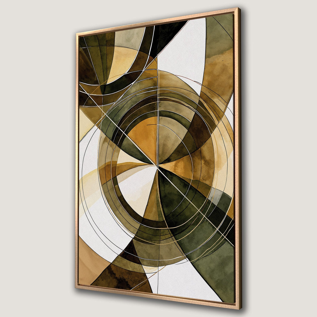 Framed Wall Art featuring an abstract geometric design in earthy tones of brown, green, and gold. Modern art for home decor, perfect for any interior.