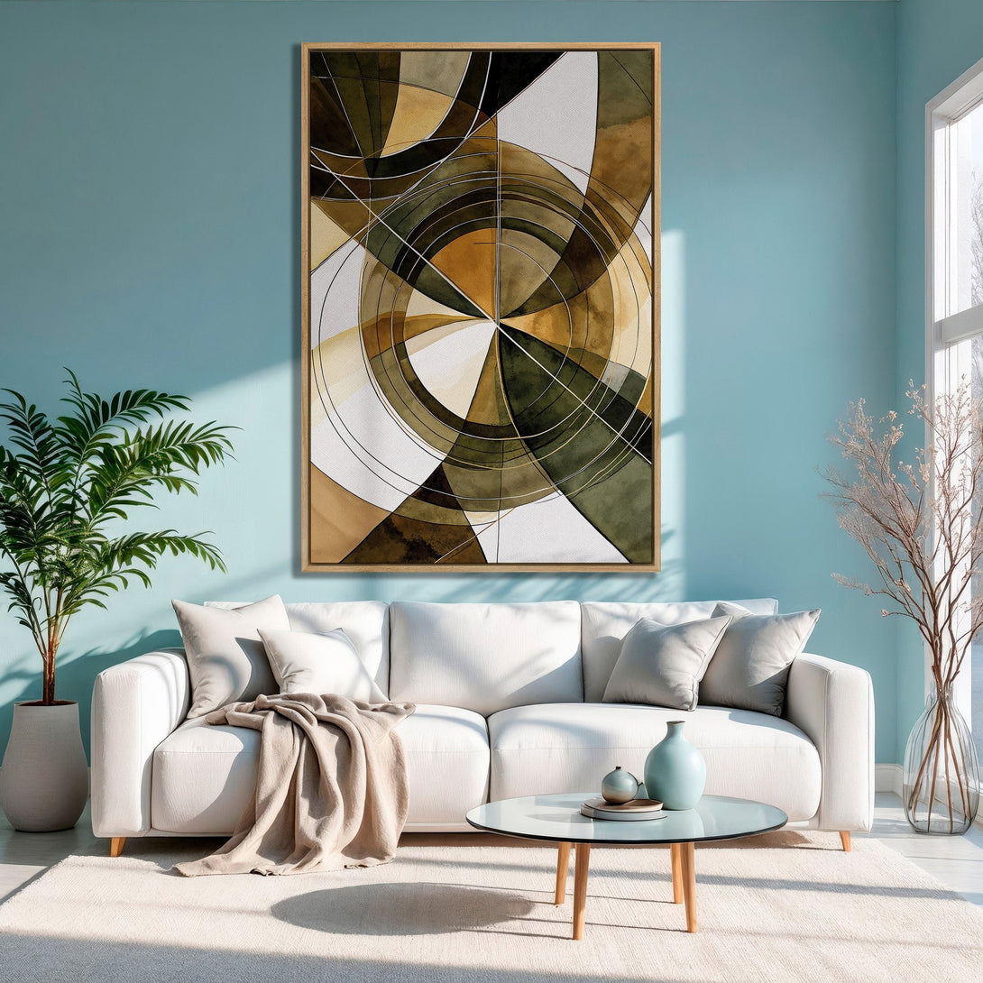 Framed Wall Art featuring an abstract geometric design in earthy tones. Modern art perfect for living room decor with a calming color palette.