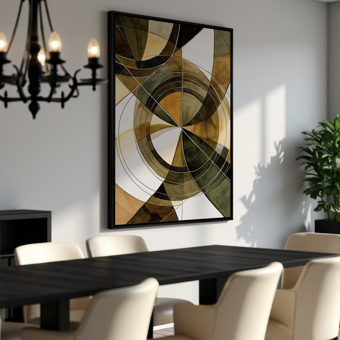 Framed Wall Art featuring abstract geometric design in earthy tones. Modern canvas print adds sophisticated style to any dining room or living space.