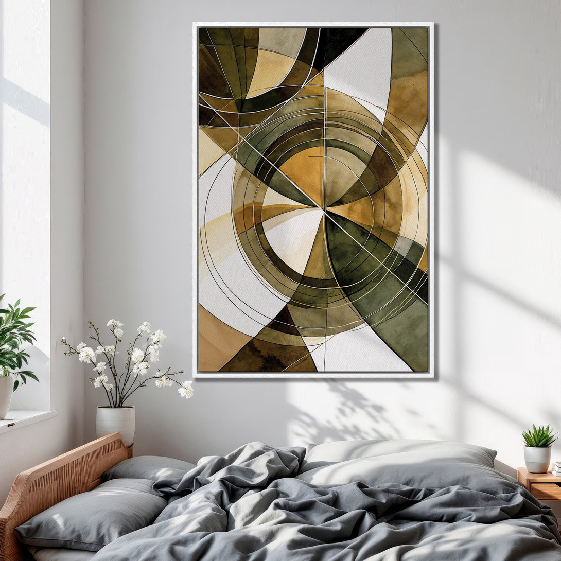 Framed Wall Art: Abstract geometric design in earthy tones of green, brown, and gold. Modern art for bedroom decor. Canvas print ready to hang.