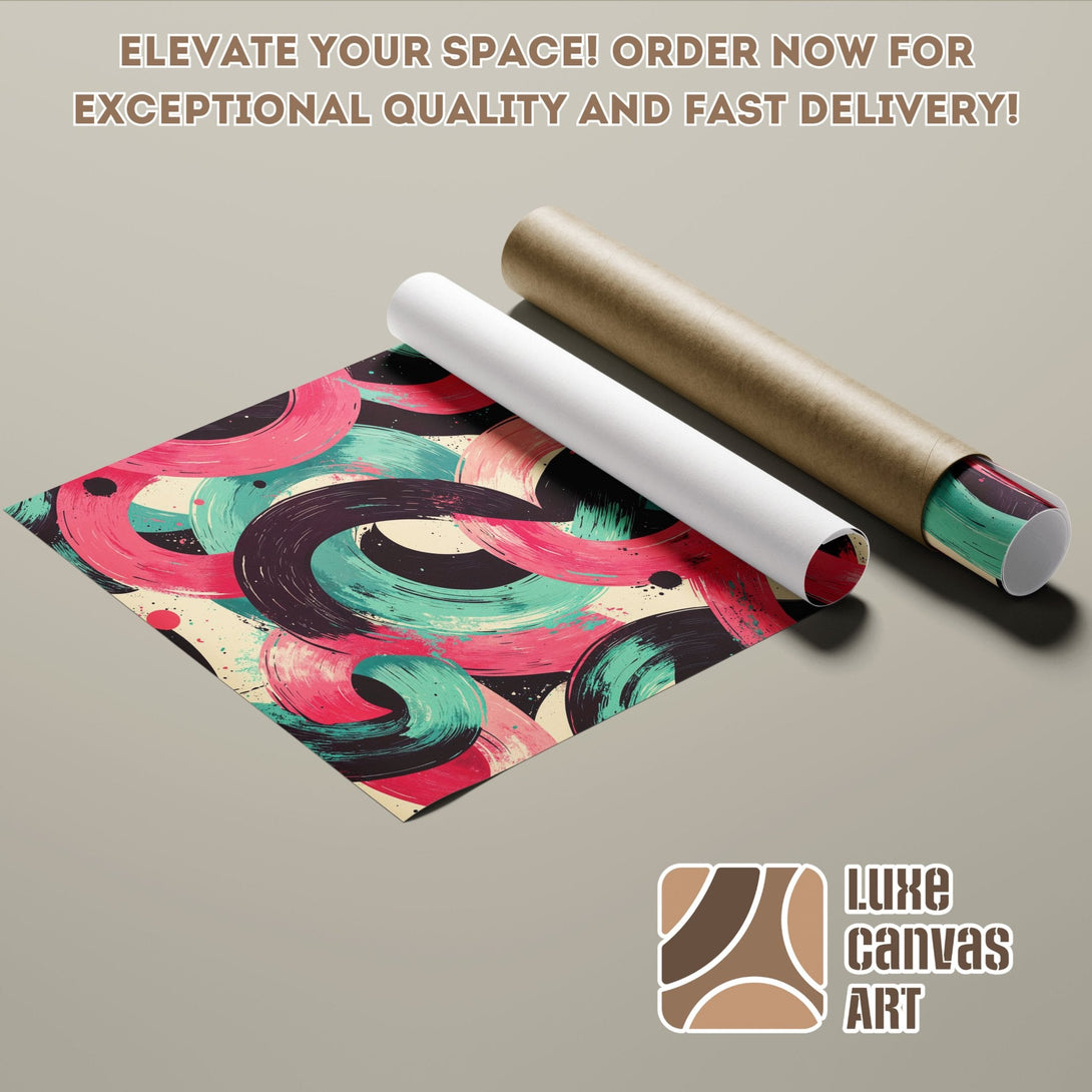 Abstract art poster roll with vibrant pink, teal, and black brushstrokes. Elevate your space with this stylish Poster!