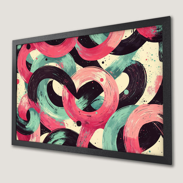 Framed Poster featuring abstract brushstroke circles in pink, teal, and black on a cream background. Modern art print.